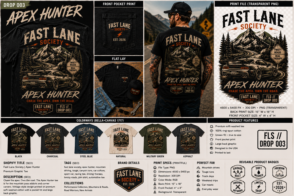 Drop 003 Apex Hunter mountain pass sport car graphic tee in six colorways