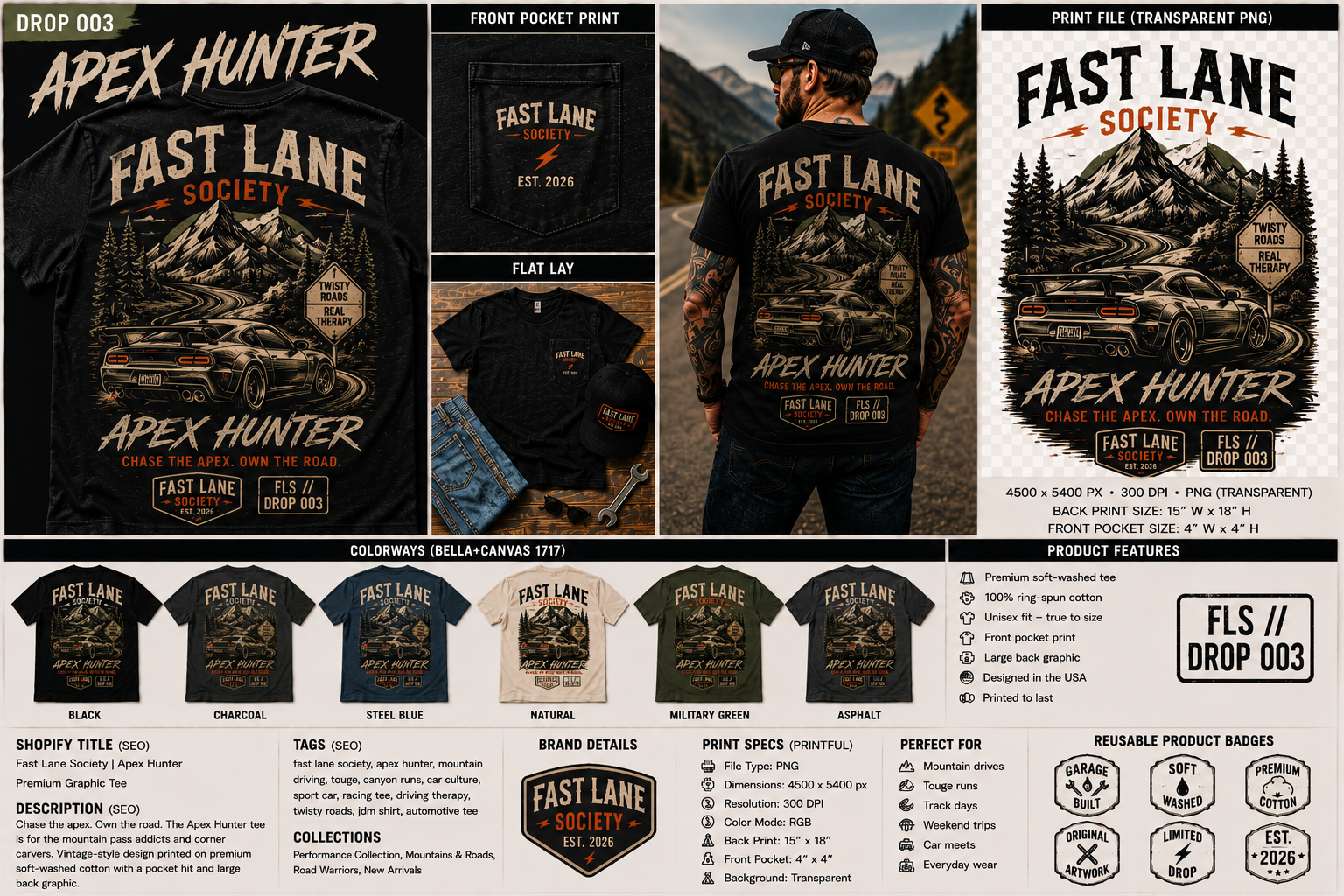 Drop 003 Apex Hunter mountain pass sport car graphic tee in six colorways