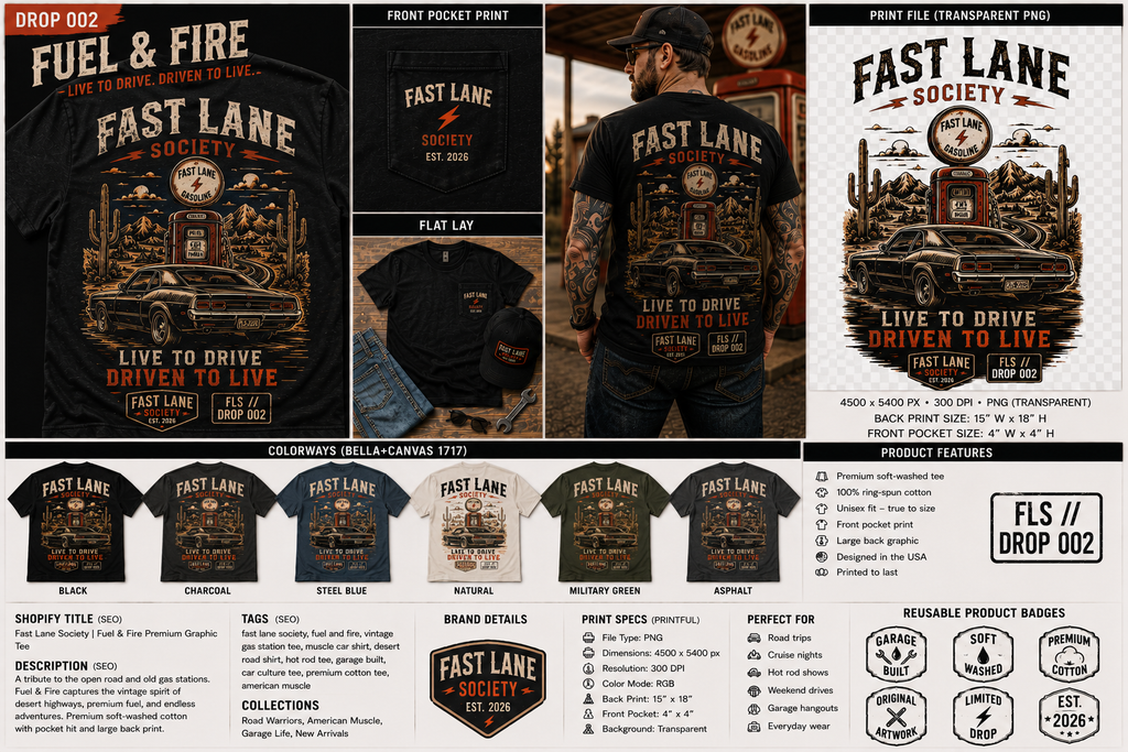 Drop 002 Fuel and Fire vintage gas station graphic tee in six colorways