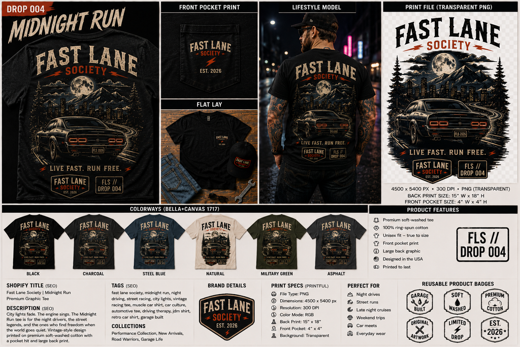 Drop 004 Midnight Run night drive graphic tee in six colorways