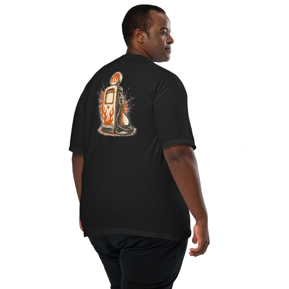Fuel and Fire tee, Black, large back graphic in cream ink
