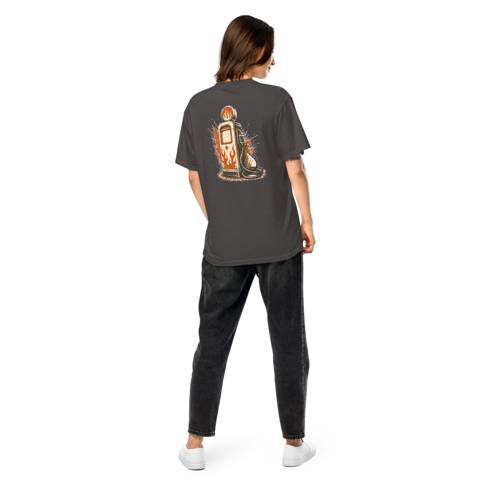 Fuel and Fire tee, Graphite, large back graphic in cream ink