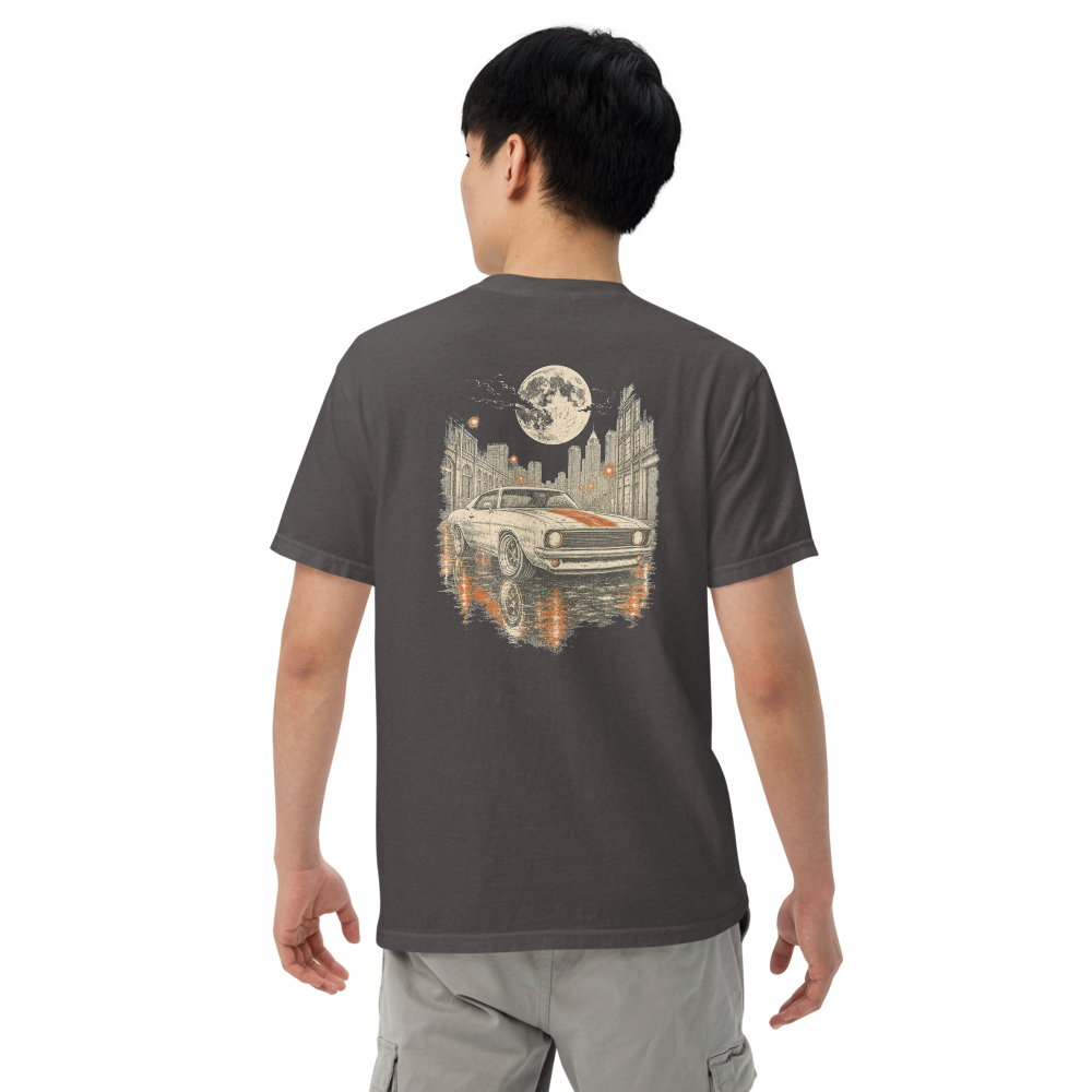Midnight Run tee, Graphite, large back graphic in cream ink