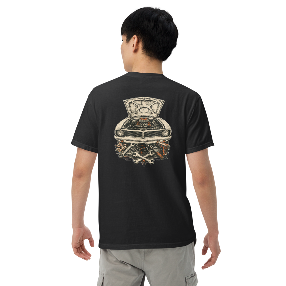 Weekend Wrencher tee, Black, large back graphic in cream ink