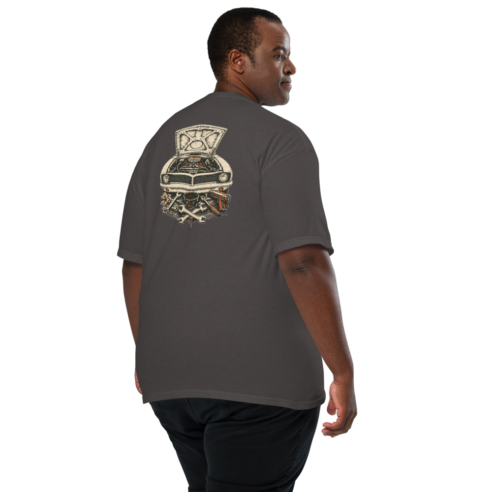 Weekend Wrencher tee, Graphite, large back graphic in cream ink
