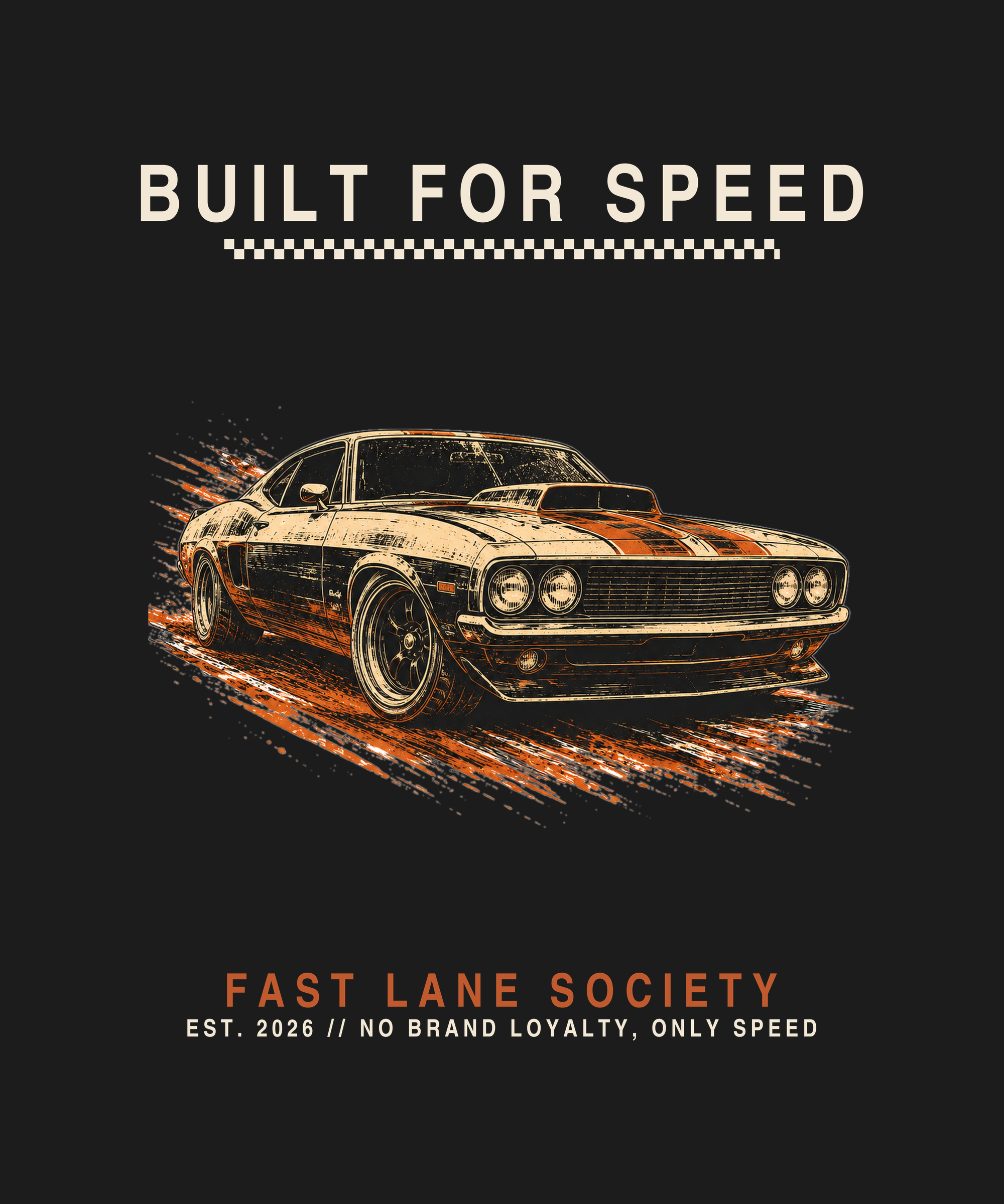 Built For Speed print — black tee