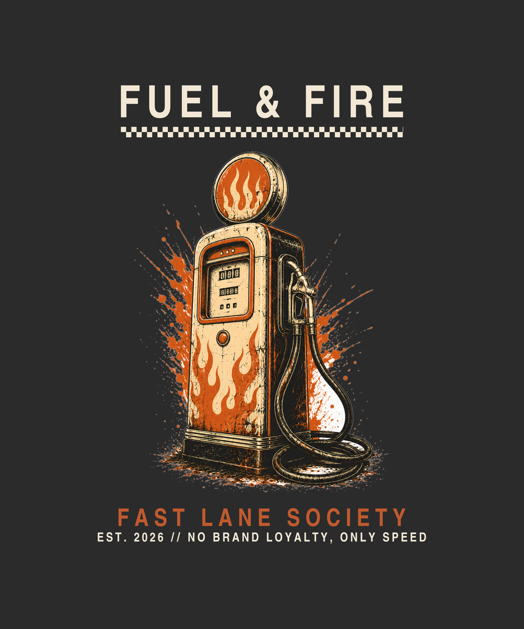 Fuel & Fire print — charcoal tee