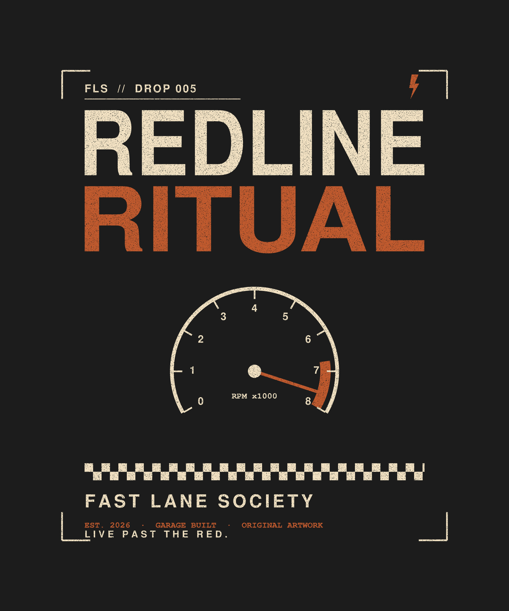 Redline Ritual tachometer back print on black tee — Fast Lane Society Drop 005