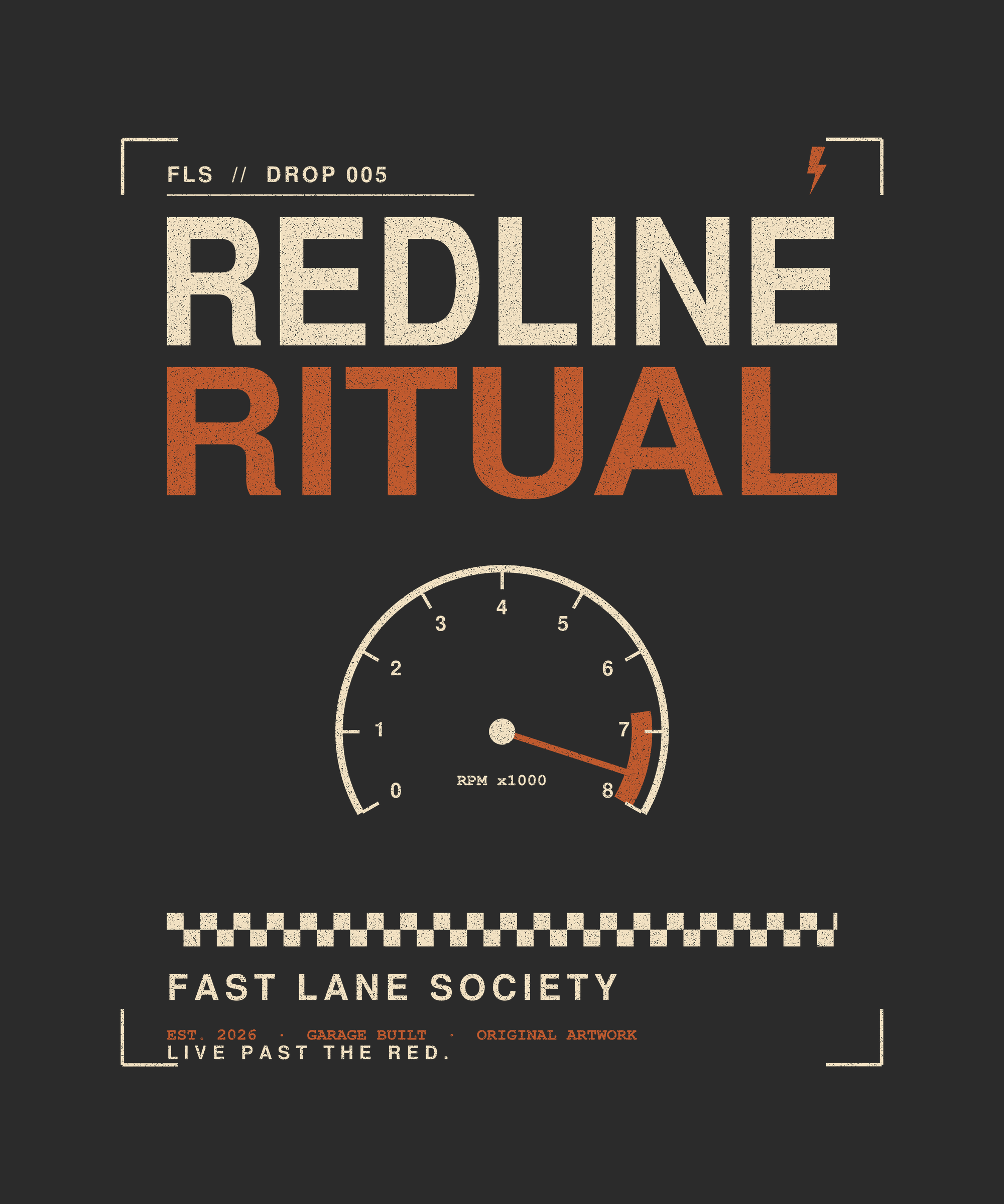 Redline Ritual back print on charcoal tee — Fast Lane Society Drop 005