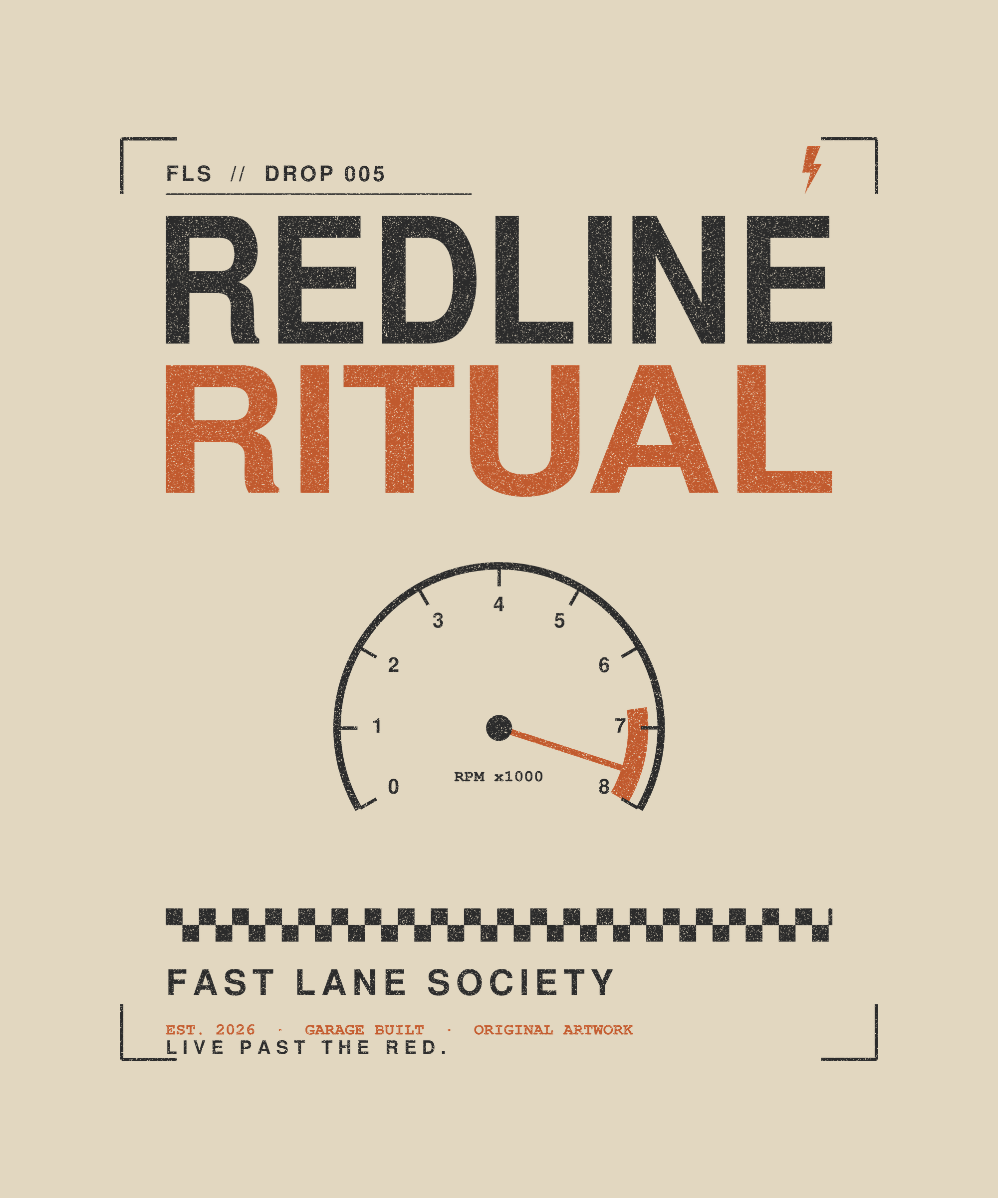 Redline Ritual back print on natural tee — Fast Lane Society Drop 005