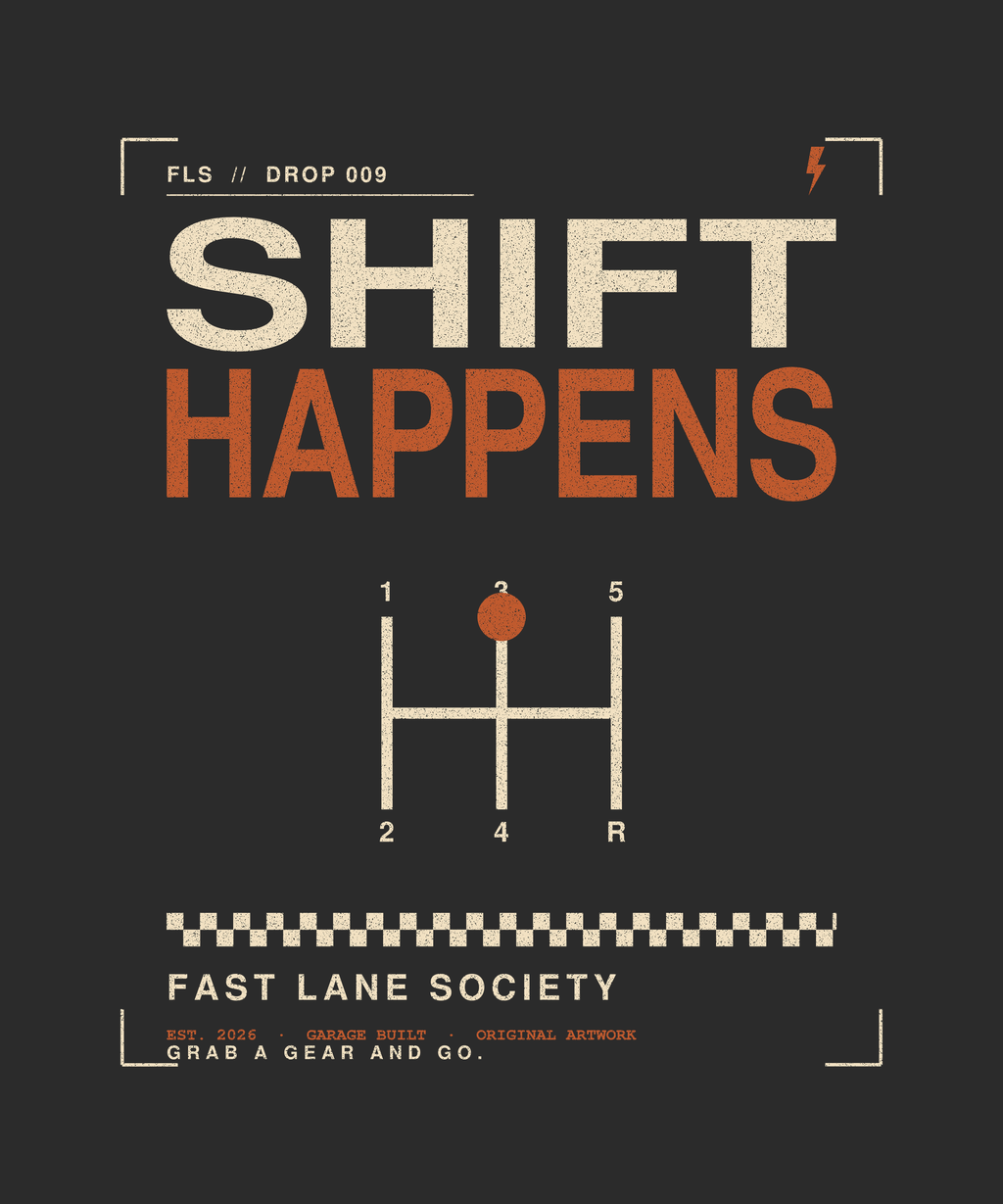 Shift Happens back print on charcoal tee — Fast Lane Society Drop 009