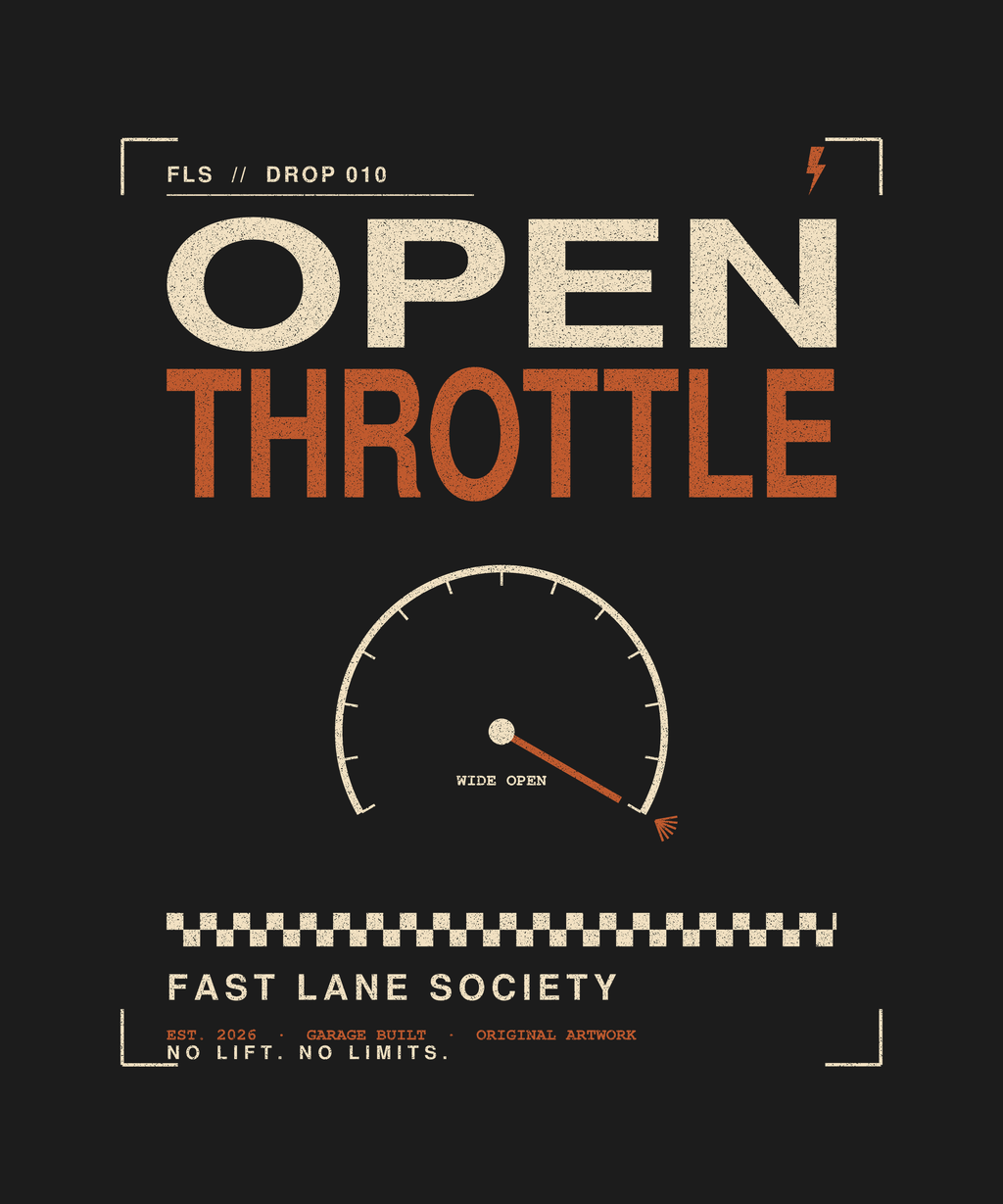 Open Throttle gauge back print on black tee — Fast Lane Society Drop 010