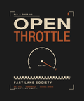Open Throttle gauge back print on black tee — Fast Lane Society Drop 010