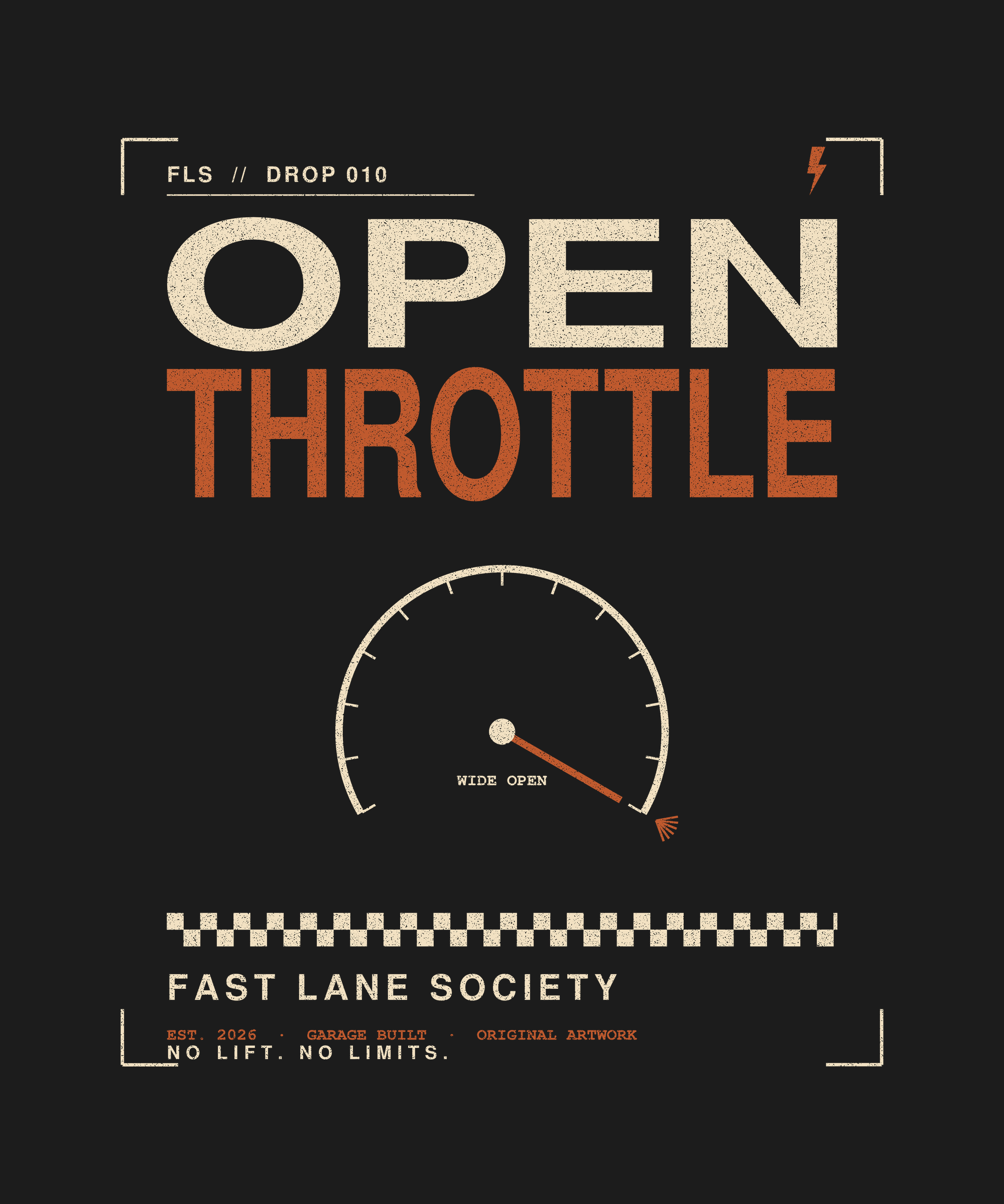 Open Throttle gauge back print on black tee — Fast Lane Society Drop 010