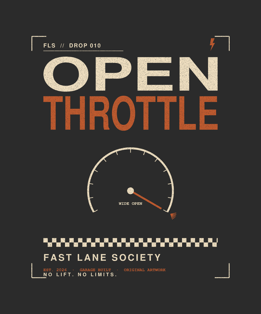 Open Throttle back print on charcoal tee — Fast Lane Society Drop 010