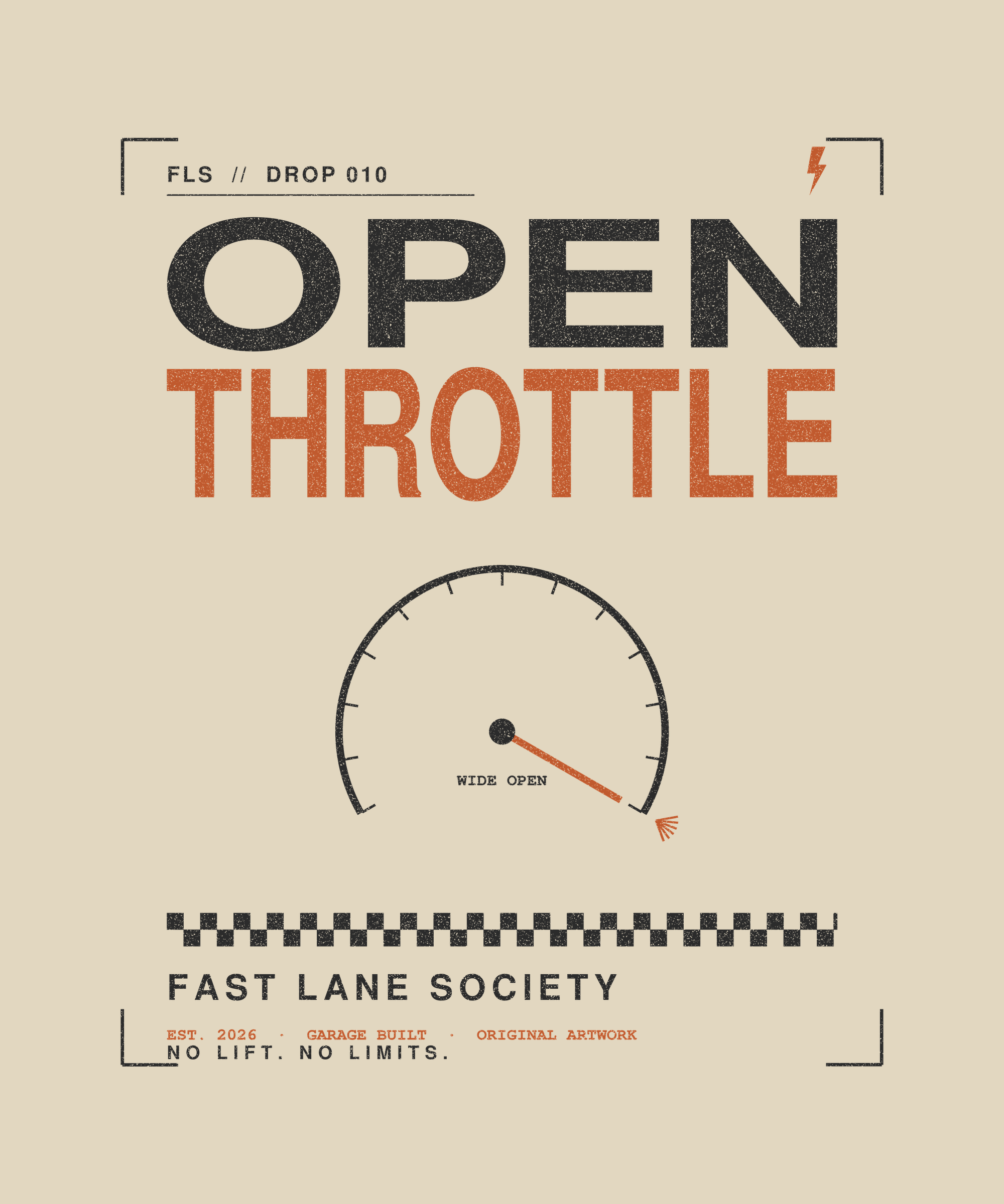 Open Throttle back print on natural tee — Fast Lane Society Drop 010