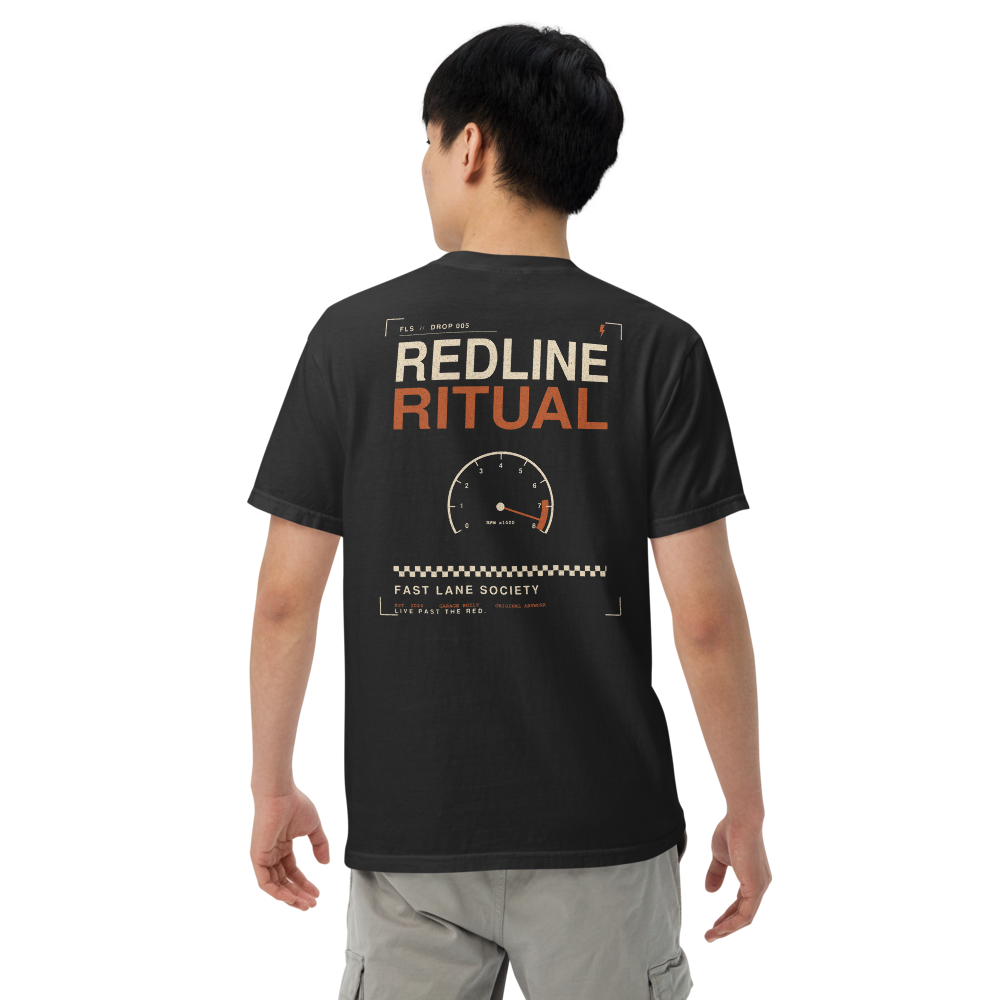 Redline Ritual large back graphic on black tee, worn - Fast Lane Society Drop 005