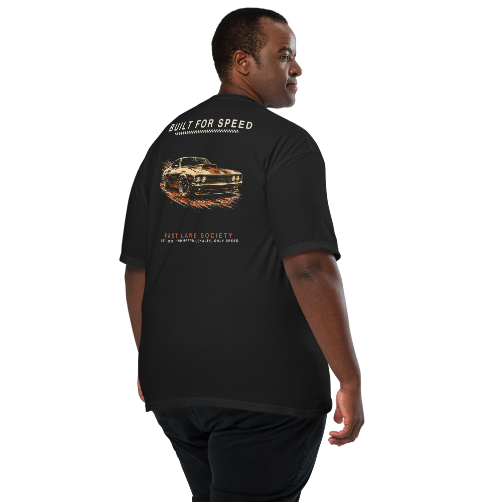 Built For Speed large back graphic on black tee, worn - Fast Lane Society Drop 001