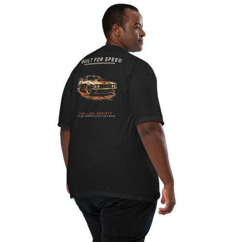 Built For Speed large back graphic on black tee, worn - Fast Lane Society Drop 001