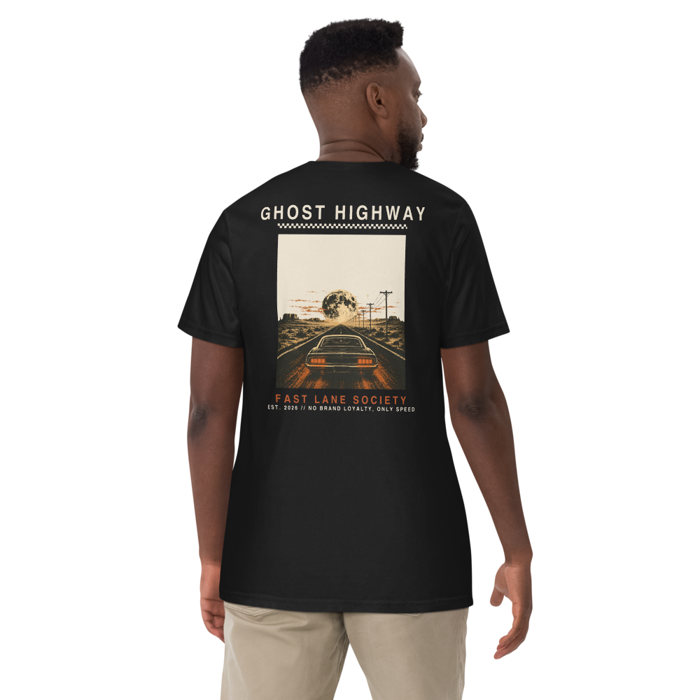 Ghost Highway back graphic on black tee, worn - Fast Lane Society Drop 006