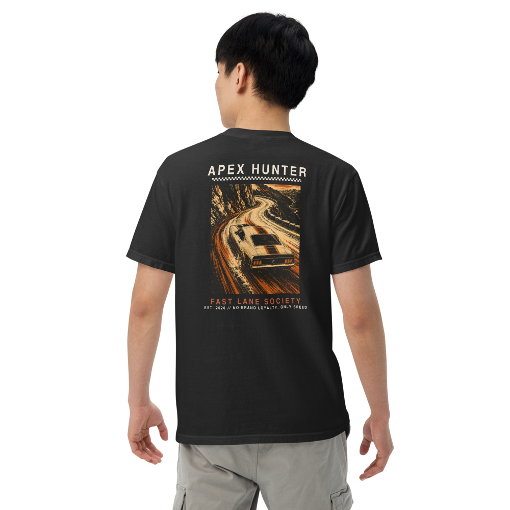 Apex Hunter back graphic on Black tee, worn - Fast Lane Society Drop 003