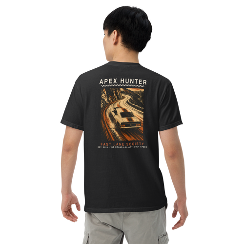 Apex Hunter back graphic on Black tee, worn - Fast Lane Society Drop 003