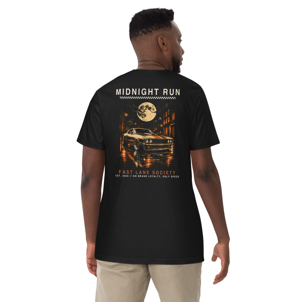 Midnight Run back graphic on Black tee, worn - Fast Lane Society Drop 004