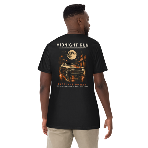 Midnight Run back graphic on Black tee, worn - Fast Lane Society Drop 004