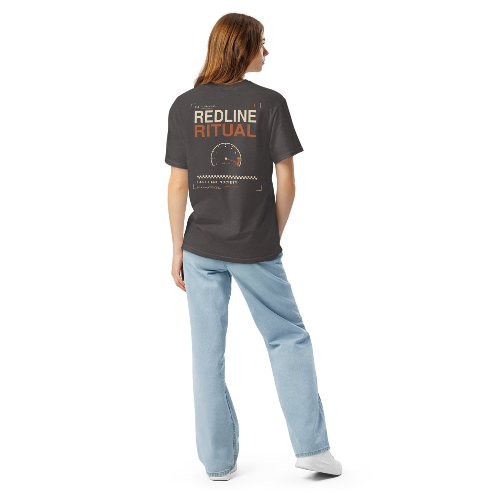 Redline Ritual back graphic on graphite tee, worn - Fast Lane Society Drop 005