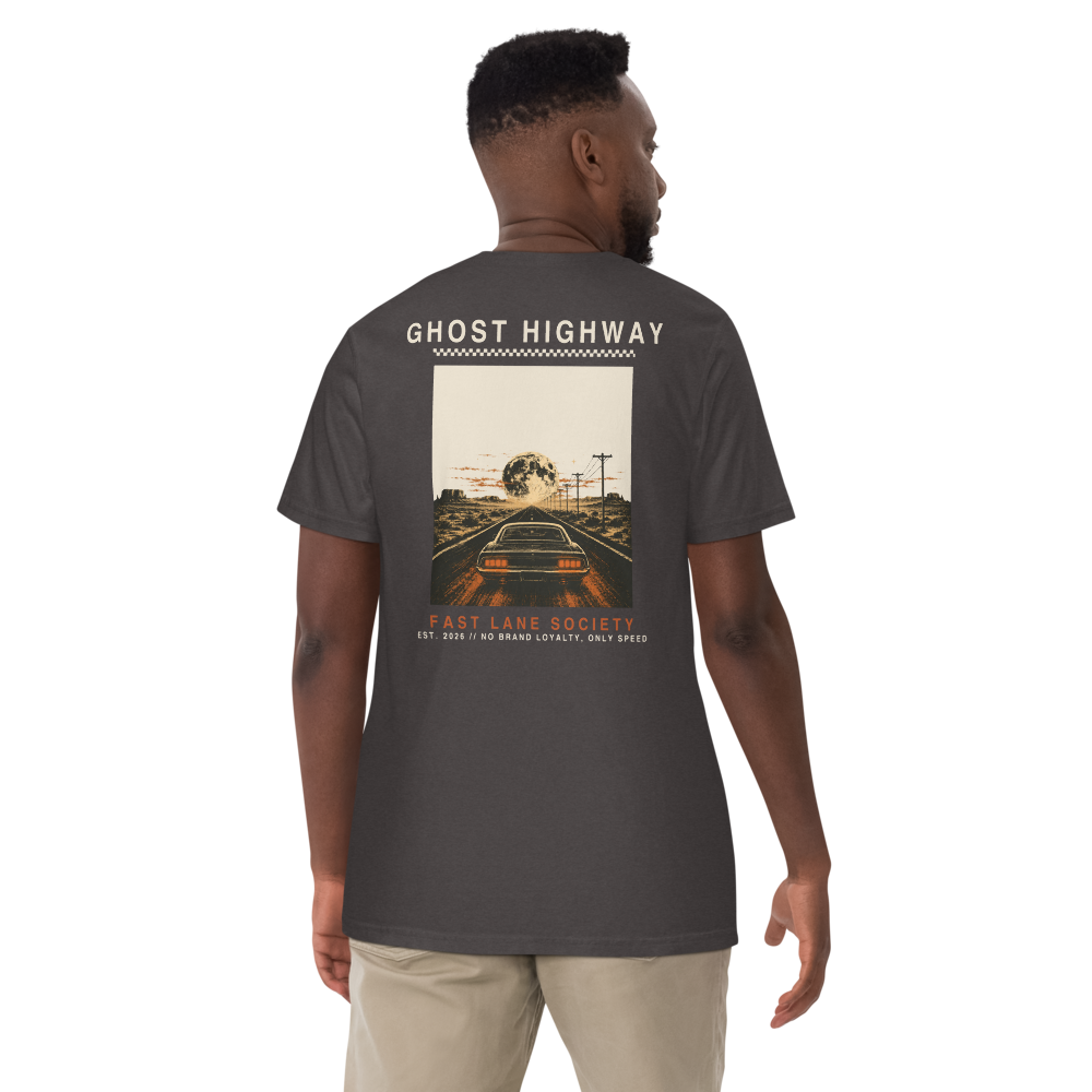 Ghost Highway large back graphic on graphite tee, worn - Fast Lane Society Drop 006
