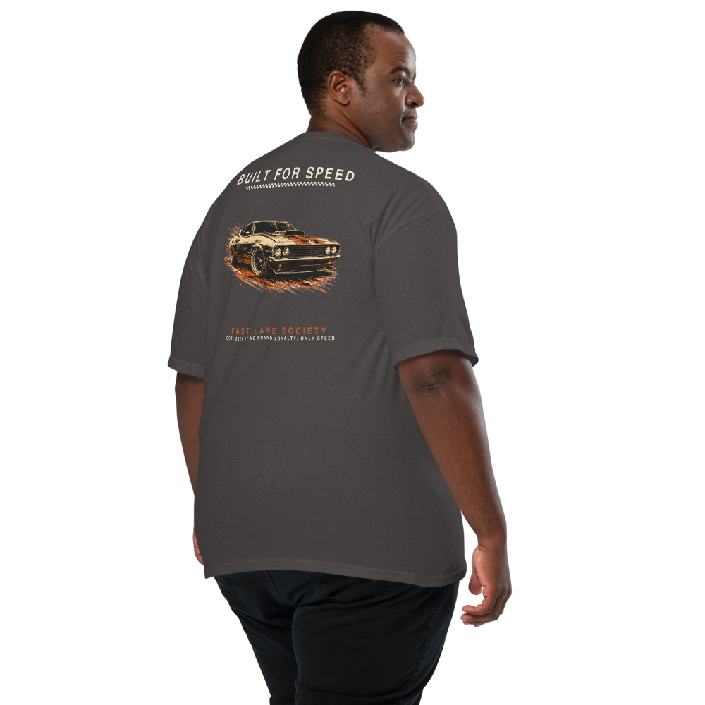Built For Speed back graphic on Graphite tee, worn - Fast Lane Society Drop 001