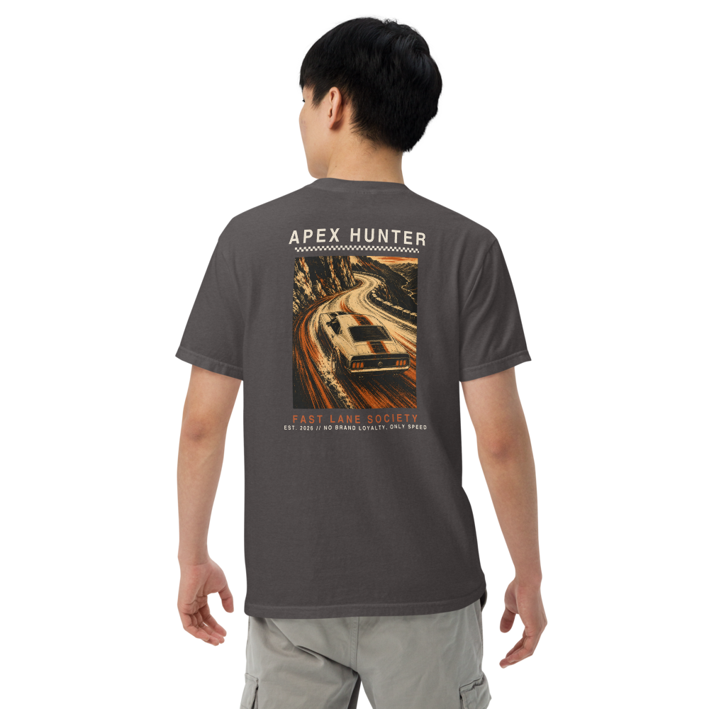 Apex Hunter back graphic on Graphite tee, worn - Fast Lane Society Drop 003