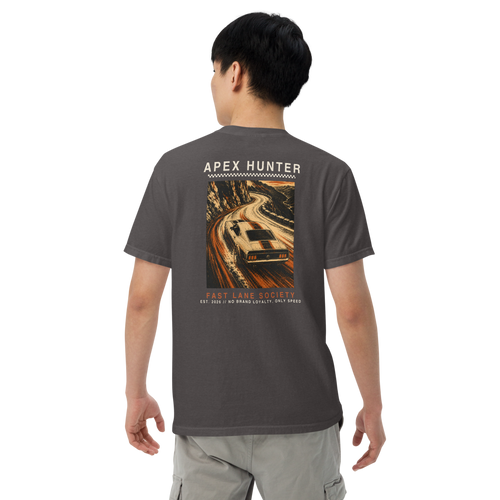 Apex Hunter back graphic on Graphite tee, worn - Fast Lane Society Drop 003