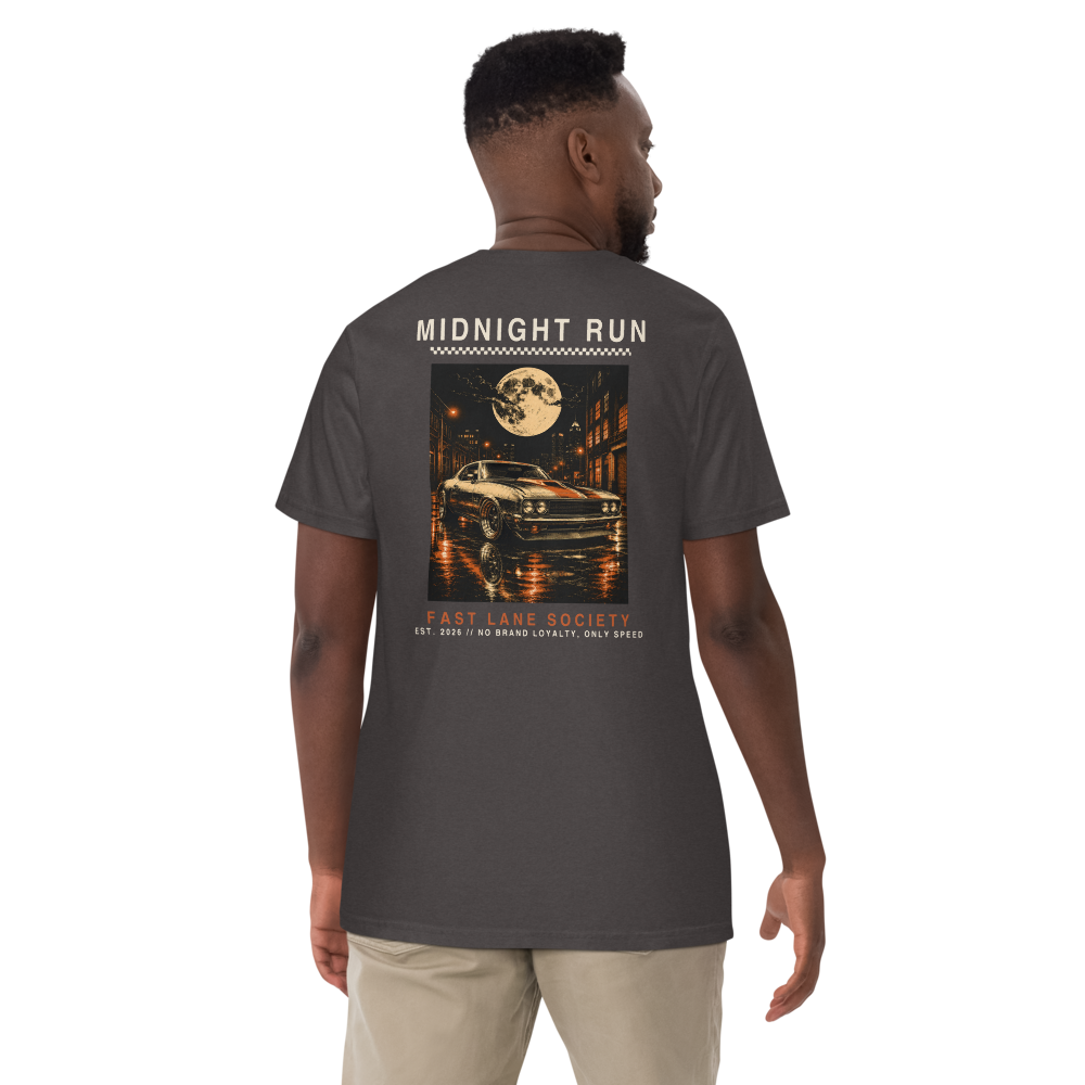 Midnight Run back graphic on Graphite tee, worn - Fast Lane Society Drop 004