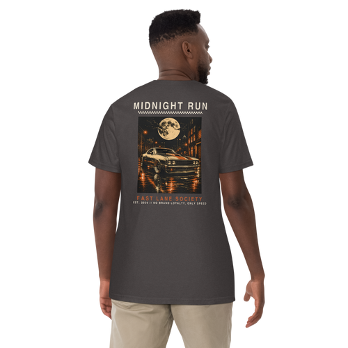 Midnight Run back graphic on Graphite tee, worn - Fast Lane Society Drop 004