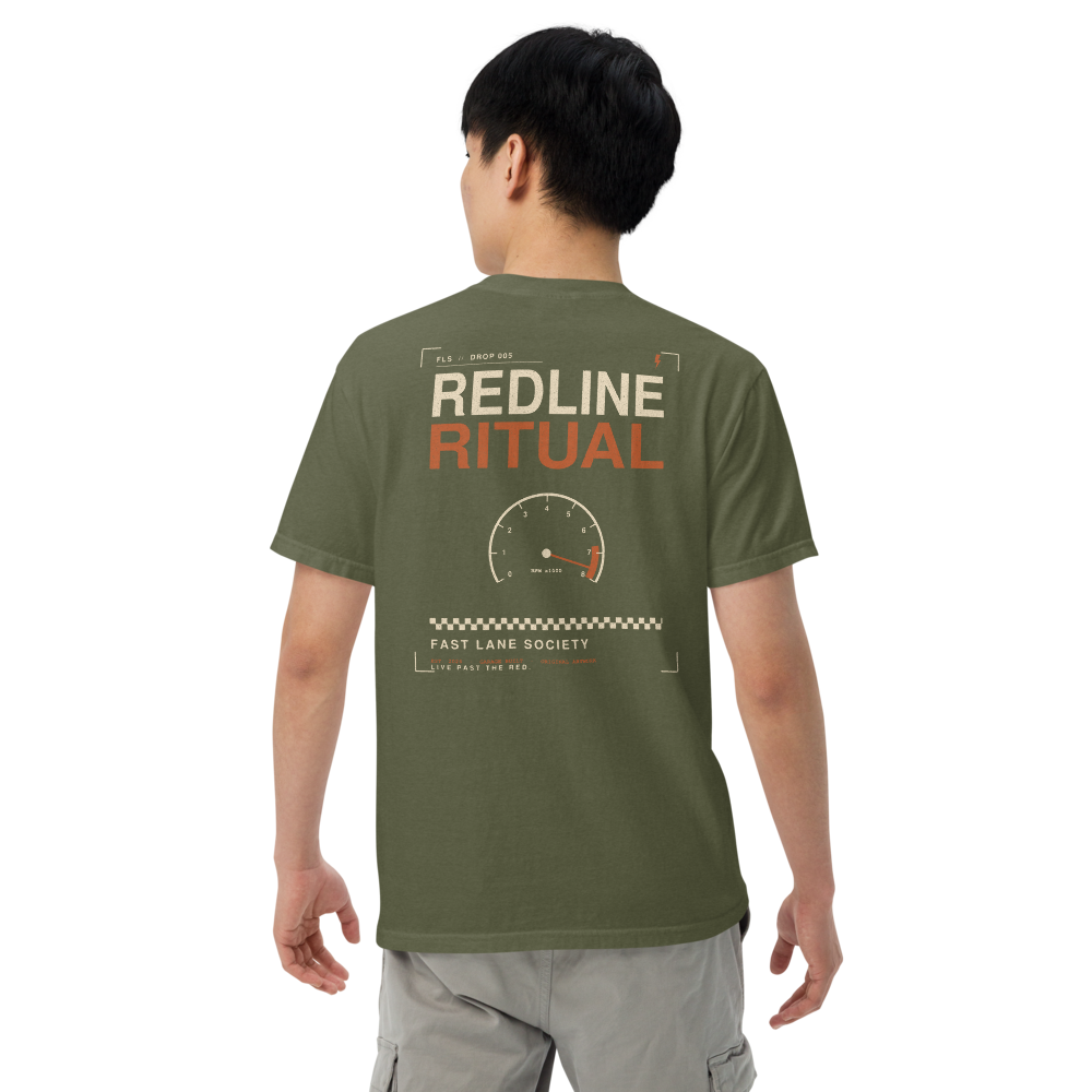 Redline Ritual back graphic on Hemp green tee, worn - Fast Lane Society Drop 005