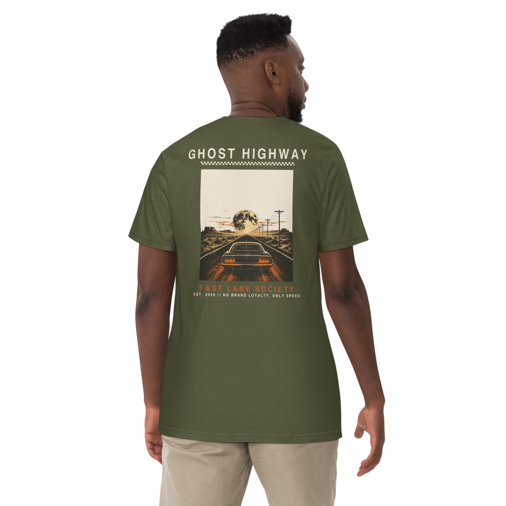 Ghost Highway back graphic on Hemp green tee, worn - Fast Lane Society Drop 006