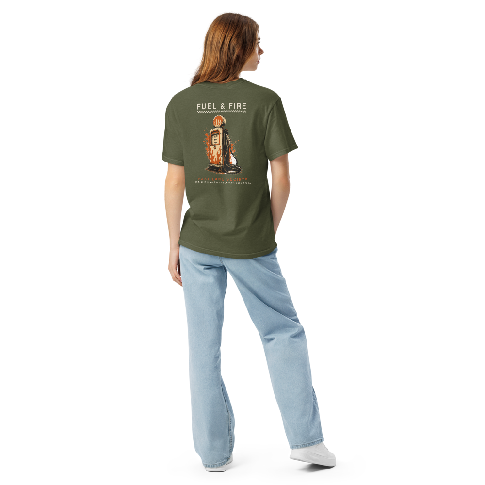 Fuel & Fire back graphic on Hemp green tee, worn - Fast Lane Society Drop 002