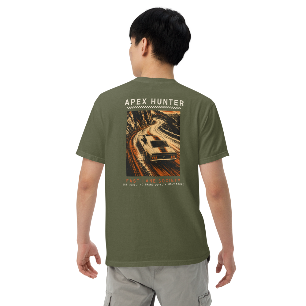 Apex Hunter back graphic on Hemp green tee, worn - Fast Lane Society Drop 003