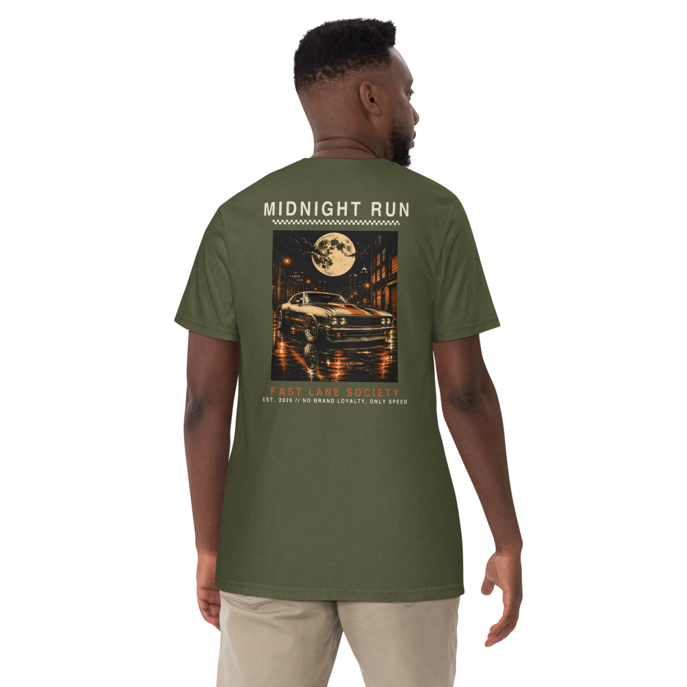 Midnight Run back graphic on Hemp green tee, worn - Fast Lane Society Drop 004