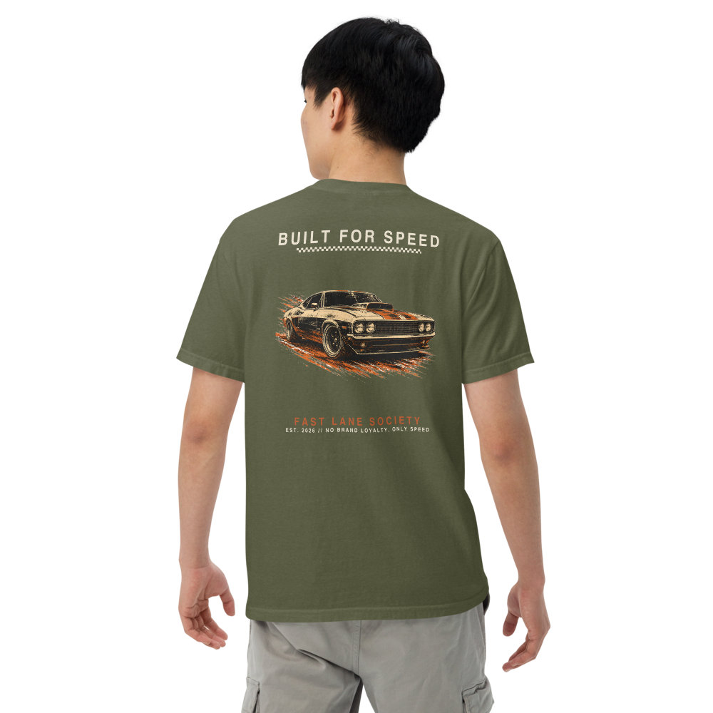 Built For Speed back graphic on Hemp green tee, worn - Fast Lane Society Drop 001