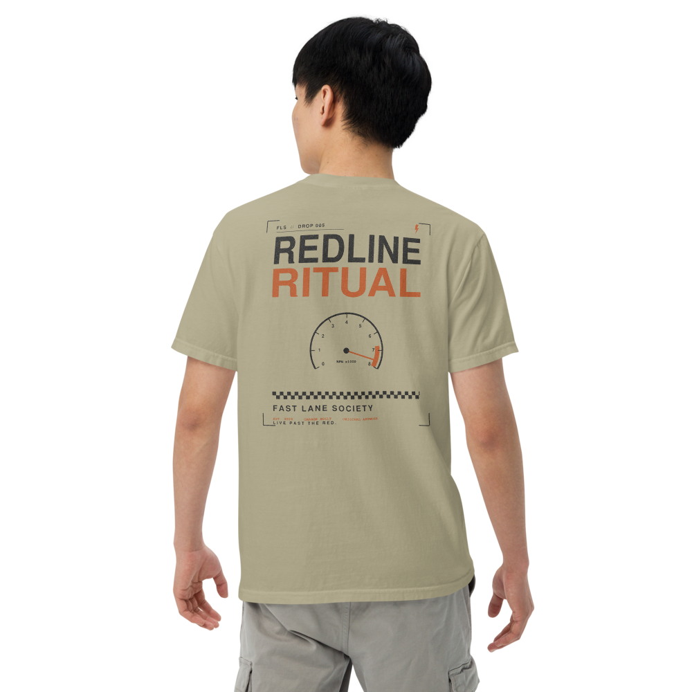 Redline Ritual back graphic on Khaki tee, worn - Fast Lane Society Drop 005