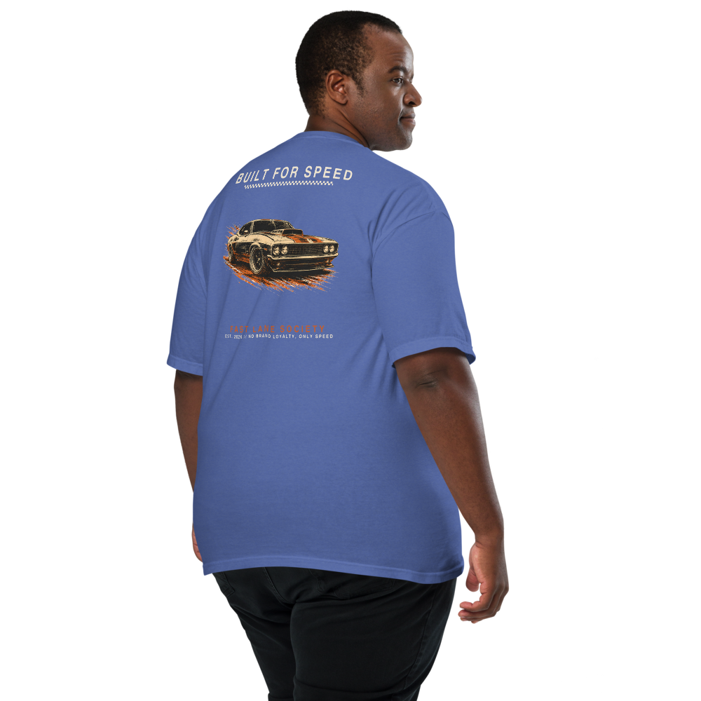 Built For Speed back graphic on Mystic Blue tee, worn - Fast Lane Society Drop 001