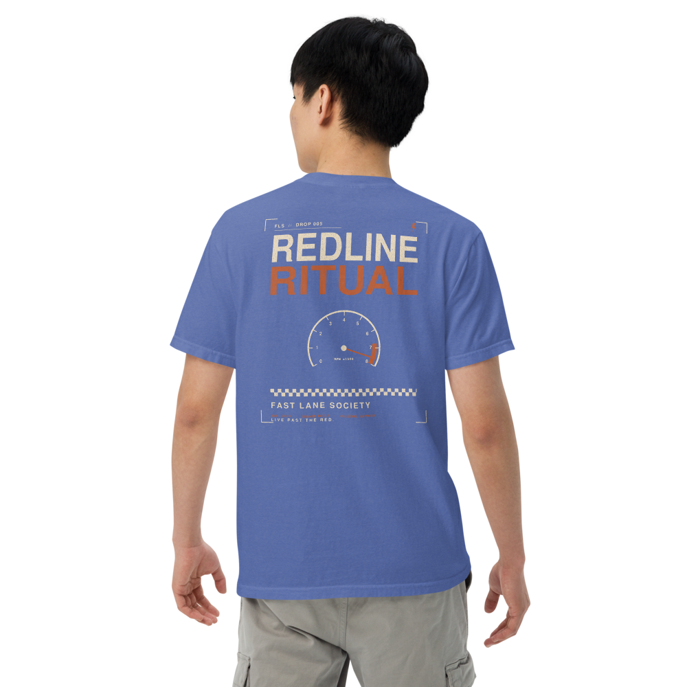 Redline Ritual back graphic on Mystic Blue tee, worn - Fast Lane Society Drop 005