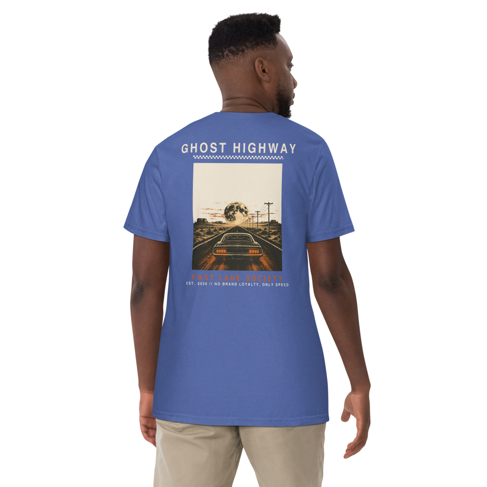 Ghost Highway back graphic on Mystic Blue tee, worn - Fast Lane Society Drop 006