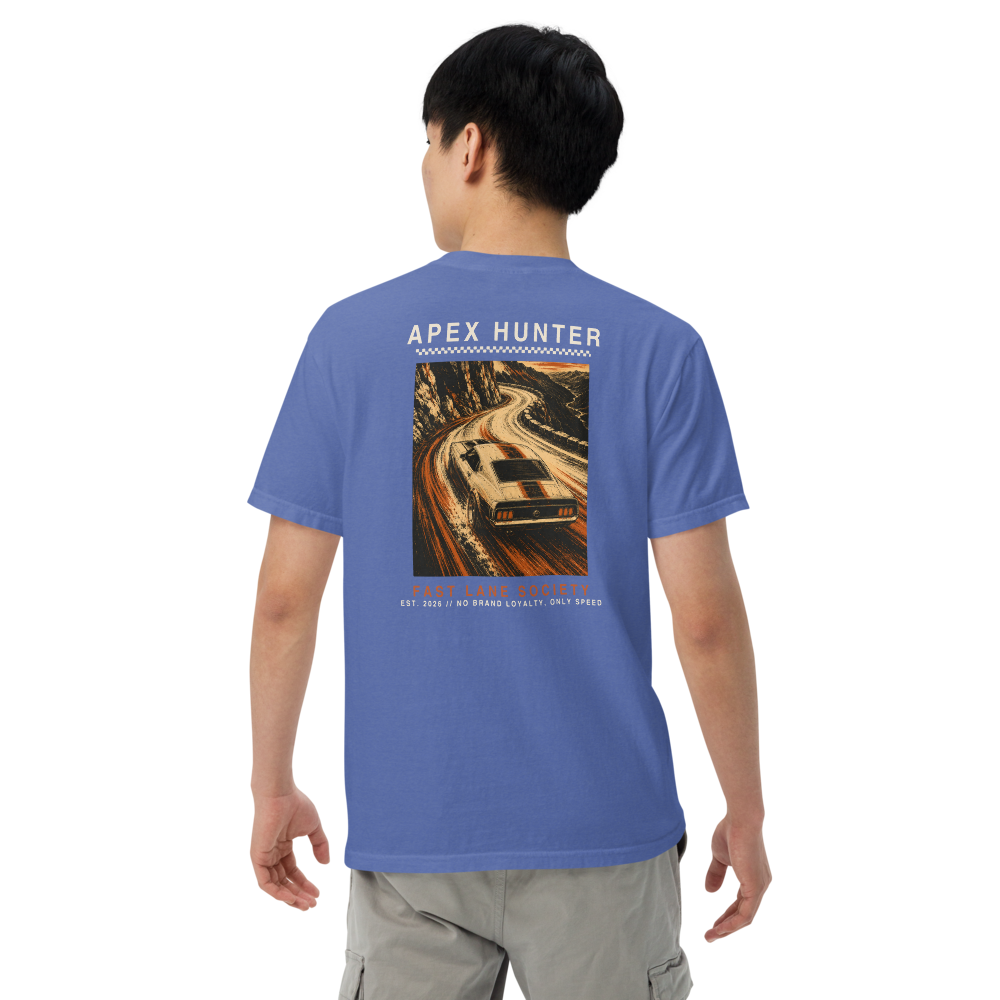 Apex Hunter back graphic on Mystic Blue tee, worn - Fast Lane Society Drop 003