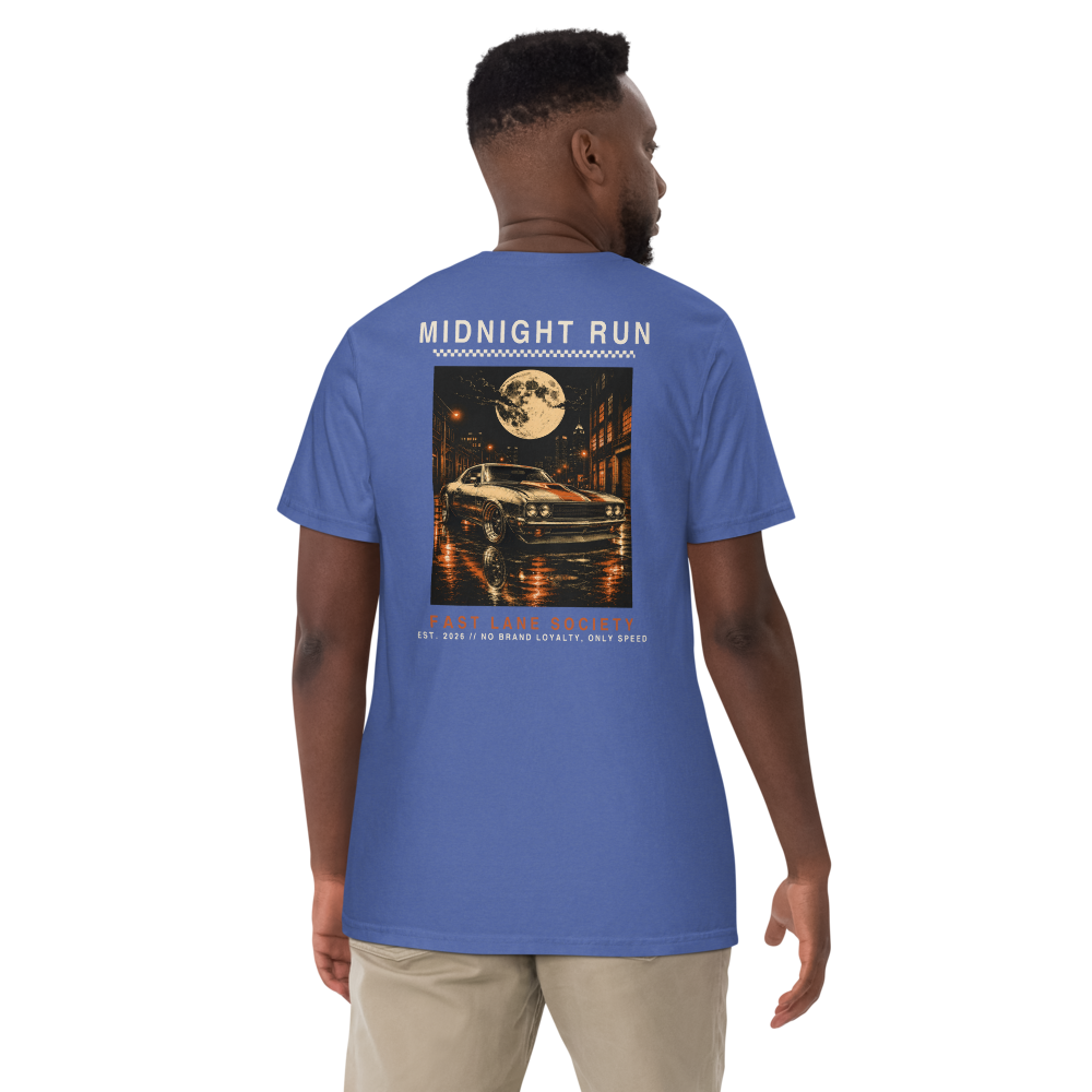 Midnight Run back graphic on Mystic Blue tee, worn - Fast Lane Society Drop 004